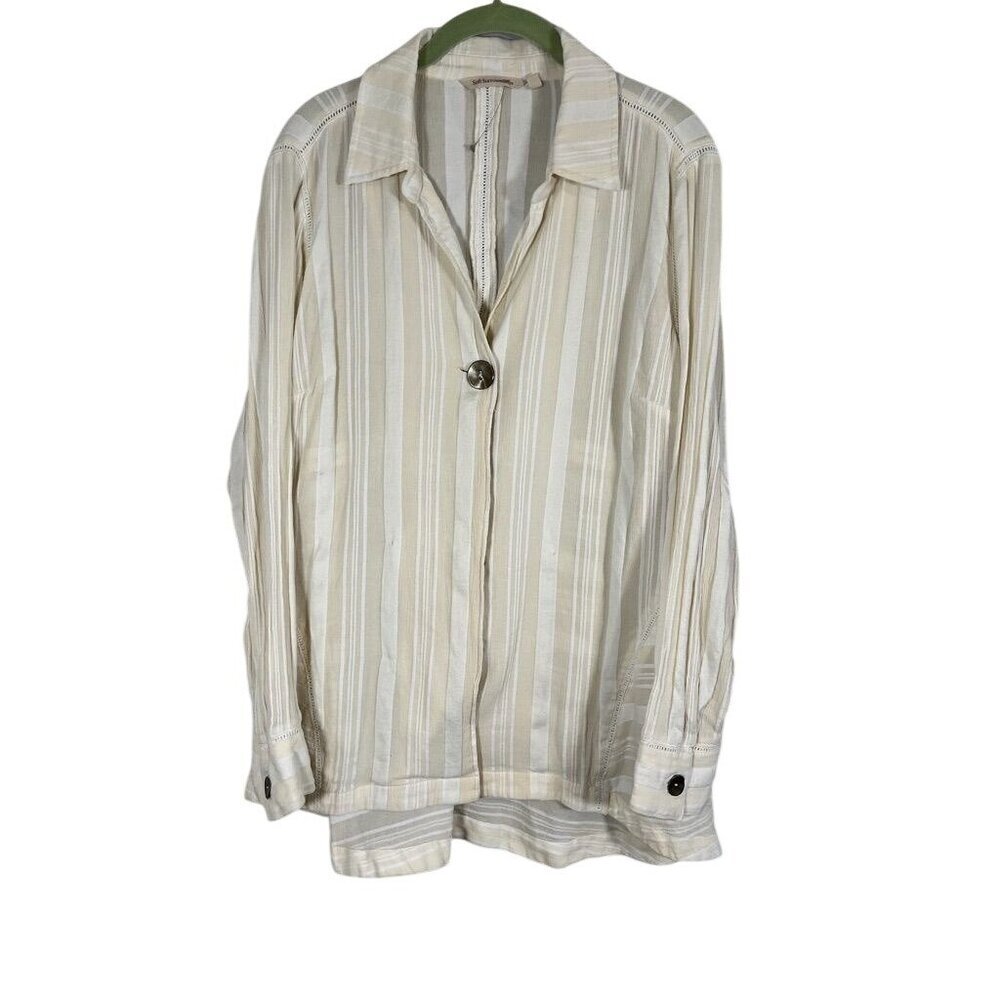 Retro Striped Tunic Top L Tan Classic Neutral Minimalist Preppy Chic Boho Artsy